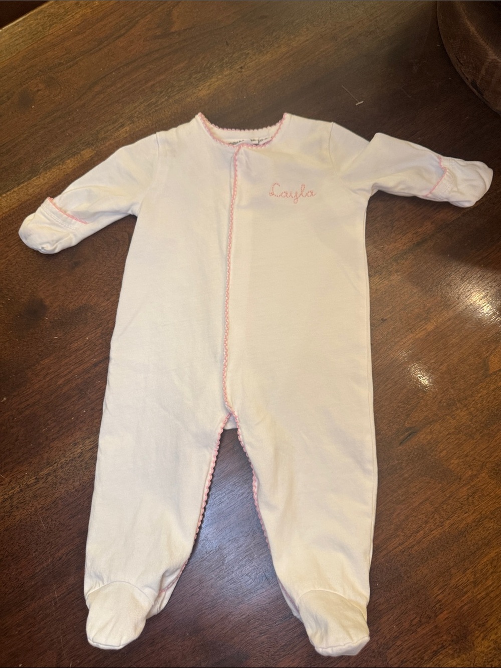 Bayou Blanks “Layla” Personalized Pink-Trim Baby One-Piece Footed Sleeper